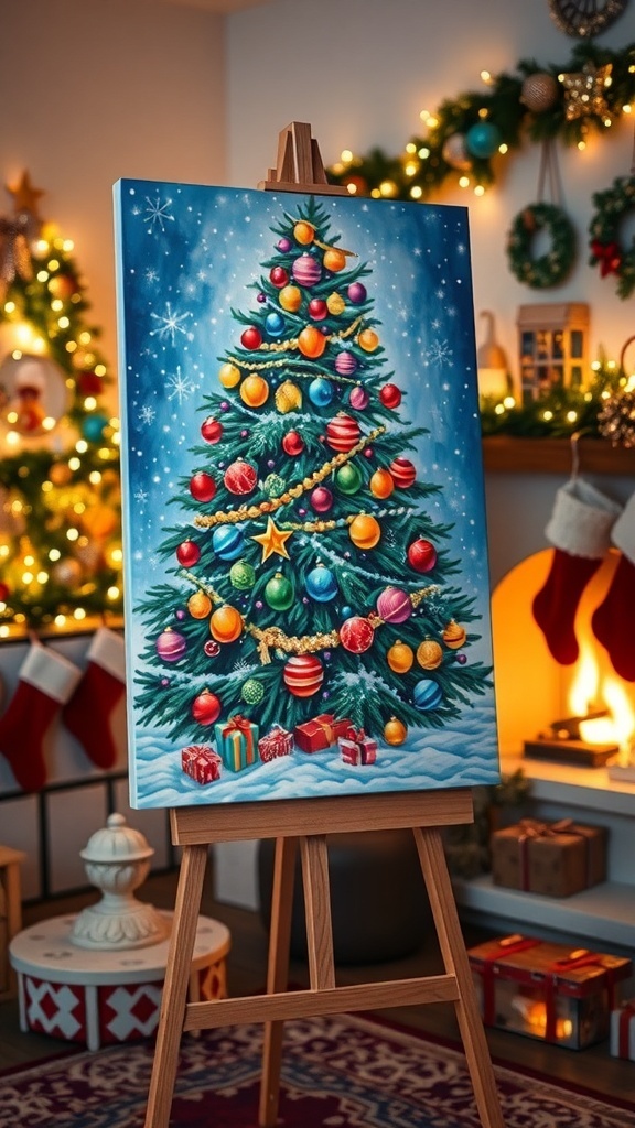 A festive Christmas tree painting on canvas with colorful decorations, displayed in a holiday-themed room.